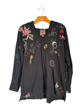 Johnny Was Cotton Celestial Embroidered Long Sleeve Hooded Tee Whimsigoth Cats L